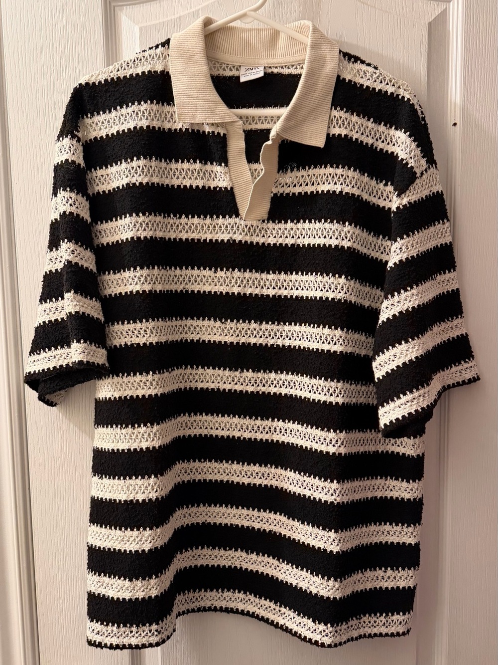 Zara Black & White Striped Crochet Polo